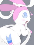 blush female feral fur heart_symbol looking_at_viewer pink_body pink_fur pose ribbons smiley_face solo nintendo pokemon eeveelution generation_6_pokemon pokemon_(species) sylveon