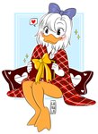 anthro barefoot blush book christmas_gift duck_footed feet female hair happy holding_book holding_object holidays long_hair membrane_(anatomy) mostly_nude purple_hairbow sitting solo toes webbed_feet kinkypeach christmas disney ducktales ducktales_(2017) fan_character marguerite_mallory anatid anseriform avian bird duck