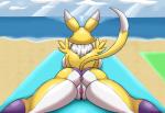2017 absurd_res anthro anus back_boob bandai_namco beach big_breasts big_butt big_pussy breasts butt camel_toe canid canine chippo clothing detailed_background digimon digimon_(species) female genitals hi_res lying mammal on_front outside plump_labia puffy_anus pussy pussy_floss rear_view renamon sand seaside sky solo spread_legs spreading thick_thighs underwear water