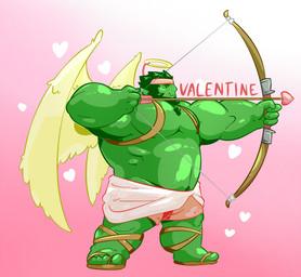 4_toes action_pose aiming archer arrow_(weapon) beard biceps big_muscles bottomwear bow_(weapon) chest_tuft clothed clothing cupid's_arrow dot_eyes facial_hair feathered_wings feathers feet footwear green_body green_hair green_skin hair heart_symbol holding_object holding_weapon holidays huge_muscles light male manly musclegut muscular muscular_arms muscular_humanoid muscular_male not_furry pecs pink_background pink_clothing pose ranged_weapon sandals serratus shoes shorts side_view simple_background simple_eyes solo standing text toes toony topless tuft tusks weapon wings happyending valentine's_day cupid angel angel_humanoid humanoid orc winged_humanoid 2015 colored digital_media_(artwork) english_text shaded