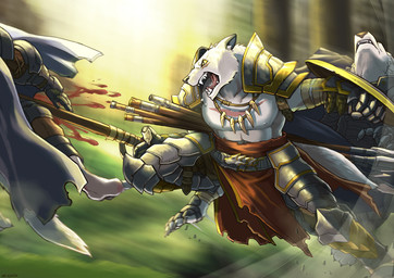 anthro armor blood bodily_fluids cape claws clothed clothing collar detailed_background fangs fluffy fluffy_tail fur group holding_object holding_weapon male melee_weapon muscular muscular_anthro muscular_male nipples open_mouth partially_clothed polearm saliva shield spear tail teeth tongue weapon white_body white_fur link2004 canid canine canis mammal wolf