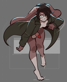 3_toes anthro balls barefoot big_ears blue_eyes brown_body brown_fur brown_hair clothing coat feet fur genitals grey_background hair hair_over_eye humanoid_genitalia humanoid_penis leg_markings male markings mostly_nude nipples pecs penis pose short_hair simple_background smile socks_(marking) solo toes topwear trenchcoat saucymauler lagomorph leporid mammal rabbit 2026 hi_res signature