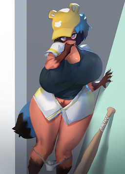 5_fingers anthro baseball_bat baseball_cap baseball_uniform bat_(object) big_breasts biped black_body black_clothing black_fur black_hair black_shirt black_tail black_topwear blue_body blue_eyes blue_fur blue_hair blue_tail bottomwear breasts brown_body brown_fur brown_nose clothed clothing clothing_around_legs colored_nails curvy_figure dipstick_tail female female_anthro fingers front_view fur glistening glistening_breasts gloves_(marking) hair hat headgear headwear huge_breasts humanoid_hands kemono leg_markings looking_at_viewer markings miniskirt multicolored_body multicolored_fur multicolored_hair multicolored_tail nails panties panties_around_legs panties_down partially_clothed shirt short_hair skimpy skirt socks_(marking) solo sportswear standing tail tail_markings thick_thighs topwear two_tone_hair two_tone_tail underwear underwear_around_legs underwear_down uniform voluptuous white_bottomwear white_clothing white_nails white_skirt wide_hips utterangle brand_new_animal studio_trigger michiru_kagemori canid canine mammal raccoon_dog tanuki absurd_res colored digital_media_(artwork) hi_res portrait shaded three-quarter_portrait