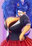 anthro big_breasts big_hair black_bra black_clothing black_jacket black_lips black_topwear black_underwear blue_body blue_fur bottomwear bra breasts cleavage clothed clothing crossgender evil_grin female footwear fur fusion gesture green_eyes grin hair hand_gesture jacket lips long_hair middle_finger mtf_crossgender open_mouth pattern_clothing pattern_shirt pattern_topwear pigtails pink_eyes plaid plaid_clothing plaid_shirt plaid_topwear pleated_skirt red_clothing school_uniform shirt shoes skirt smile solo standing teeth tongue tongue_out topwear underwear uniform volan_art danganronpa sega sonic_the_hedgehog_(series) spike_chunsoft junko_enoshima sonic_the_hedgehog eulipotyphlan hedgehog mammal hi_res