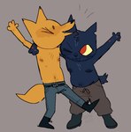 anthro areola arm_around_shoulders armpit_hair belly biped blue_body body_hair bottomwear breasts clothed clothing denim denim_bottomwear denim_clothing duo emanata eyes_closed female grey_background happy head_tuft jeans kick male navel nipples notched_ear one_eye_closed open_mouth open_smile orange_body pants red_eyes scar shorts simple_background slightly_chubby slightly_chubby_female small_breasts smile standing text topless topless_anthro topless_female topless_male tuft wink x_marking kewpiekills night_in_the_woods gregg_lee mae_borowski canid canine domestic_cat felid feline felis fox mammal digital_drawing_(artwork) digital_media_(artwork) handwritten_text hi_res signature