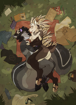 anthro barely_visible_genitalia barely_visible_vulva bedding black_body black_fur black_hair blanket bottle breasts brown_body brown_fur container detailed_background duo eyewear facial_piercing female femboy fur genitals glasses grass grey_body grey_fur hair holding_each_other horn love lying male male/female nipples nose_piercing nose_ring nude nude_anthro nude_female nude_male on_side piercing plant ring_piercing rock romantic romantic_ambiance romantic_couple short_hair tan_body tan_fur vulva water_bottle wearing_glasses white_body white_fur chabin badger bovid bovine cattle hybrid mammal mephitid mustelid musteline porcupine rodent skunk hi_res nonbinary_(lore)