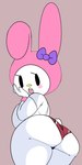 anthro big_breasts blush blush_stickers bow_(feature) breasts butt clothing female hand_on_cheek hood looking_back open_mouth panties rear_view shirt solo topwear underwear white_body wristband yellow_nose savagensfw onegai_my_melody sanrio my_melody lagomorph leporid mammal rabbit 2024