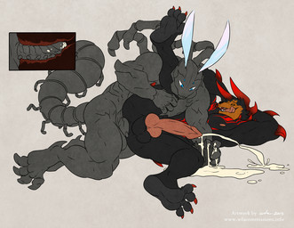 4_toes anal anal_penetration animal_genitalia anthro backsack balls biceps big_penis blue_eyes bodily_fluids claws cum cum_while_penetrated cumshot duo ejaculation erection fangs feet genital_fluids genitals grin hands-free hands_behind_head horn internal knot lying male male/male male_penetrated male_penetrating male_penetrating_male markings muscular muscular_male nipples nude orgasm pecs penetration penis raised_leg scales sex sheath simple_background smile teeth toe_claws toes tongue tongue_out unusual_anatomy unusual_genitalia unusual_penis wfa alien arthropod centipede demon insect myriapod 2013 source_request