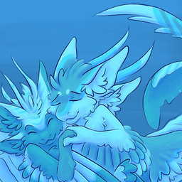 anthro bed duo eyes_closed feather_hair feather_markings feathered_wings feathers female furniture hand_holding hug hugging_another laying_on_another lying lying_on_bed male markings on_back on_bed on_front pseudo_hair simple_background smile tail tail_feathers tail_markings wings seagullse braid_(k'braid) eili_(k'braid) avali hi_res monochrome