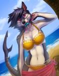 2015 anthro beach bikini breasts canid canine canis clothed clothing dessert detailed_background digital_media_(artwork) female fin fish food hair hybrid ice_cream kyma looking_at_viewer mammal marine outside pink_eyes riptide_(jaeger) sand sea seaside shark skimpy sky solo swimwear tail thong underwear water wolf