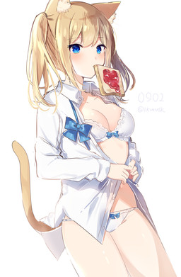 blonde_hair blue_eyes bow_panties bow_underwear bra bread breasts cleavage clothed clothing female food hair mouth_hold open_clothing open_shirt open_topwear panties partially_clothed shirt simple_background solo toast topwear underwear white_background mafuyu animal_humanoid cat_humanoid felid felid_humanoid feline feline_humanoid humanoid mammal mammal_humanoid 2018 digital_media_(artwork) hi_res shaded