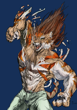 4_fingers alternate_species angry anthro bone broken_bone claws fingers furrification glowing glowing_eyes hair magical_tattoo male muscular muscular_male pawpads punch red_hair round_ears scene_reference simple_background solo transparent_background caicaizijujumao ocean_creation tiger_shark_(comics) hai_hu_(tiger_shark) felid mammal pantherine tiger absurd_res alpha_channel hi_res