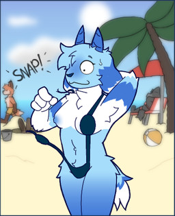 ambiguous_gender anthro arm_tuft armpit_tuft ball beach beach_ball bikini blue_body blue_fur blue_horn bodily_fluids bucket chest_tuft clothing clothing_pull container dialogue digging elbow_tuft eyebrows eyelashes female funny_face fur group hand_behind_head hole_(pit) horn inflatable male multicolored_body multicolored_fur onomatopoeia palm_tree plant sound_effects standing sweat sweatdrop swimwear talking_to_viewer teasing teasing_viewer text tree tuft two-piece_swimsuit waist_tuft white_body white_fur darli_buni bovid canid canine canis caprine fox goat lagomorph leporid mammal rabbit wolf low_res