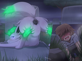 animal_genitalia animal_vulva anus ass_up blush butt canine_genitalia canine_vulva duo erection female feral fur genitals green_body green_fur green_hair hair looking_back male male/female nude purple_eyes shota smile spread_legs spreading tail thick_thighs vulva white_body white_fur young japy7u7 nintendo pokemon fan_character canid canine canis eeveelution flareon generation_1_pokemon human mammal pokemon_(species) 4:3 absurd_res hi_res