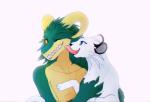 anthro duo face_lick feral fur green_body happy holding_another horn licking licking_another multicolored_body open_mouth simple_background smile teeth tongue two_tone_body white_body white_fur lunarthunderstorm nintendo pokemon keranas maka_(anthemoftears) crocodile crocodilian generation_1_pokemon persian_(pokemon) pokemon_(species) reptile scalie absurd_res digital_media_(artwork) hi_res