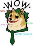 ambiguous_gender black_eyes black_nose clothing fur green_hair hair humor looking_at_viewer necktie simple_background solo tan_body tan_fur text what whiskers lookhuman batman_(series) dc_comics dogelore doge the_joker canid canine canis domestic_dog mammal shiba_inu spitz english_text meme