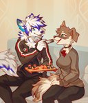 anthro chopsticks clothing duo feeding female food furniture male open_mouth sharing sharing_food sitting sofa sushi sweater topwear tray hioshiru canid canine canis domestic_dog mammal 2022 hi_res