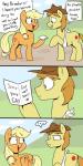 3_panel_comic blonde_hair card clothing cowboy_hat cutie_mark dialogue duo ellipsis female feral freckles hair hat headgear headwear heart_symbol hooves humor long_hair male medical_sling open_mouth orange_body outside text trolling yellow_body strangerdanger friendship_is_magic hasbro my_little_pony applejack_(mlp) braeburn_(mlp) equid equine horse mammal pony 1:2 archived_source comic digital_media_(artwork) english_text hi_res