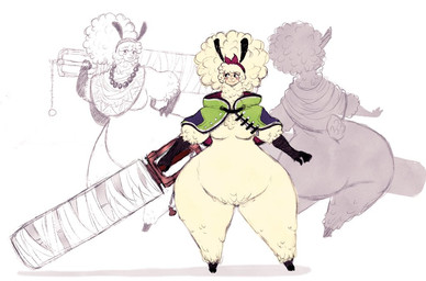 :3 anthro big_butt black_eyes blush blush_stickers bottom_heavy breasts butt clothed clothing female fur gloves_(marking) holding_object holding_weapon huge_butt huge_hips hyper hyper_hips jewelry markings medium_breasts melee_weapon mostly_nude necklace pear-shaped_figure poncho small_waist solo sword thick_thighs weapon wide_hips wool_(fur) itzjaylock alpaca camelid mammal