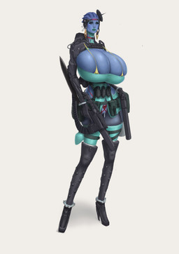 accessory areola areola_slip big_breasts blue_body blue_skin boots breasts cleavage cleavage_overflow clothed clothing cybernetics explosives female footwear green_lipstick grenade gun headband high_heeled_boots high_heels huge_breasts hyper hyper_breasts lipstick looking_at_viewer machine makeup nipple_outline not_furry pouches ranged_weapon shoes simple_background solo standing weapon white_background haydret bioware electronic_arts mass_effect alien alien_humanoid asari cyborg humanoid absurd_res hi_res