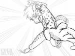 action_pose anthro bandage fur hair male open_mouth pose simple_background smile solo colrblnd neverwolf hyena mammal spotted_hyena 2018 digital_media_(artwork) monochrome