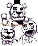 anthro beak bib black_bow_tie black_eyebrows black_top_hat bow_tie eyebrows female female_anthro group long_ears looking_at_viewer machine male male_anthro no_eyebrows open_beak open_mouth simple_background teeth text text_on_bib toothed_beak trio whisker_spots white_background tehcreechibi five_nights_at_freddy's scottgames bonnie_(fnaf) chica_(fnaf) freddy_(fnaf) animatronic avian bear bird chicken galliform gallus_(genus) lagomorph leporid mammal phasianid rabbit robot 2015 bust_portrait english_description english_text pen_(artwork) portrait shaded traditional_media_(artwork)