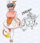 anthro apron big_breasts blue_body blue_fur blush blush_lines bodily_fluids breasts carrying_another clothed clothing duo eyelashes fan_character female fire flaming_tail fur garnette generation_4_pokemon grey_eyes hat headgear headwear hi_res human interspecies legwear looking_at_viewer lucas_(pokemon) male mammal monferno nintendo nurse nurse_clothing nurse_hat nurse_headwear nurse_uniform open_mouth orange_body orange_fur pink_clothing pokemon pokemon_(species) snaggle_tooth tail tan_body tan_fur tears thick_thighs uniform urusee584 white_clothing white_legwear wide_hips