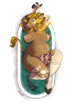 anthro bath bathing bathtub belly bent_legs big_belly big_breasts blonde_hair breasts cloven_hooves eyes_closed female fluffy_ears freckles fur hair hands_behind_head hooves horn leaf markings messy_hair navel nipples outie_navel pink_mouth pink_nipples pink_nose plant pregnant pregnant_anthro pregnant_female relaxing smile solo spots spotted_markings tail tail_tuft tan_body tan_fur teats tuft udders ais05 bethany_genisse bovid bovine cattle mammal