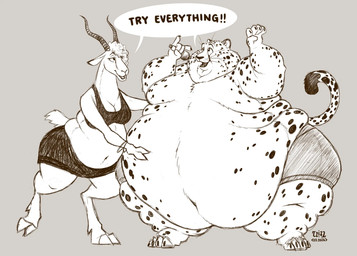 anthro belly big_belly bottomwear bra claws clothing dialogue double_chin duo female fur hair half-closed_eyes hanging_belly hooves horn huge_belly male markings morbidly_obese morbidly_obese_anthro narrowed_eyes obese obese_anthro obese_male open_mouth overweight overweight_anthro overweight_female overweight_male paws raised_tail shorts skirt slightly_chubby slightly_chubby_anthro slightly_chubby_female speech_bubble spots spotted_arms spotted_body spotted_face spotted_fur spotted_legs spotted_markings spotted_tail tail tail_markings text thick_thighs underwear whiskers wide_eyed wide_hips dragontzin disney zootopia benjamin_clawhauser gazelle_(zootopia) antelope bovid cheetah felid feline gazelle mammal 2026 hi_res signature
