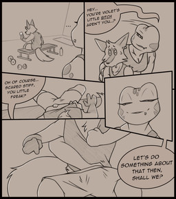 anthro dialogue exercise facial_piercing genitals groping_crotch imminent_sex lip_piercing lip_ring penis piercing ring_piercing tail text workout workout_clothing workout_equipment chrim ventura_city_drifters chrim_(character) olea_nightshade amphibian canid canine fox frog mammal poison_dart_frog comic english_text hi_res