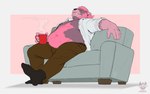 anthro belly belly_folds belly_hair belly_overhang big_belly body_hair bottomwear clothed clothing container cup fangs furniture hot_beverage male mug navel open_clothing open_shirt open_topwear overweight overweight_male pants relaxing shirt sitting sofa solo teeth topwear xantouke felid mammal 16:10 hi_res widescreen