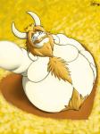 anthro beard belly big_belly blonde_hair blue_eyes body_hair chest_hair crown facial_hair hair headgear horn huge_belly hyper hyper_belly male mustache nude overweight overweight_anthro overweight_male selfie solo dralffeine undertale undertale_(series) asgore_dreemurr boss_monster_(undertale) bovid caprine mammal hi_res