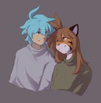 anthro blue_eyes blue_hair brown_hair canon_couple clothed clothing duo eyebrow_through_hair eyebrows female grey_background hair looking_at_another male romantic romantic_couple simple_background sweater topwear translucent translucent_hair yellow_eyes pikatsutran twokinds flora_(twokinds) trace_legacy felid human keidran mammal pantherine tiger 2024 digital_drawing_(artwork) digital_media_(artwork) half-length_portrait hi_res portrait signature