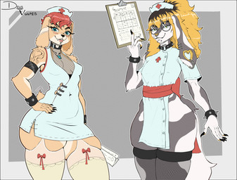 ambiguous_gender anthro armband blue_eyes bow_ribbon bracelet breasts choker claws clothed clothing collar duo ear_piercing facial_piercing female fishnet_clothing fishnet_legwear fishnet_topwear fur green_eyes green_hair hair hat headgear headwear heart_(marking) heart_symbol jewelry legwear male male/female markings nails necklace nose_piercing nose_ring nurse nurse_clothing nurse_hat nurse_headwear nurse_uniform piercing red_hair ring_piercing simple_background smile spiked_bracelet spiked_collar spikes tattoo thick_thighs thigh_highs topwear tuft uniform wide_hips deusvulpes canid canine canis domestic_dog mammal absurd_res colored digital_drawing_(artwork) digital_media_(artwork) hi_res