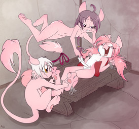 anthro anthrofied biped black_hair bound braided_hair braided_ponytail breasts countershade_face countershade_torso countershading eyebrows eyes_closed featureless_breasts feet female flying grin group hair holding_feather inside laugh long_hair looking_at_another lying navel nude on_back open_mouth pawpads paws pigtails pink_body pink_hair ponytail short_hair small_breasts smile soles submissive submissive_female tail tail_tuft tickle_fetish tickling tickling_belly tickling_feet toes trio tuft white_body white_countershading white_hair young young_anthro young_female fuf nintendo pokemon generation_1_pokemon legendary_pokemon mammal mew_(pokemon) pokemon_(species) 2019 hi_res