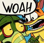 anthro close-up dialogue duo male open_mouth teeth text tongue yellow_eyes unknown_artist activision crash_bandicoot_(series) jesus_christ_how_horrifying woah_(meme) crash_bandicoot nitros_oxide alien bandicoot mammal marsupial english_text low_res reaction_image