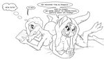 anthro breasts cleavage clothed clothing dialogue duo electronics female jessica_(sarcolopter) nude phone speech_bubble tablet text thought_bubble sarcolopter dosey_doe equid equine horse lizard mammal pony reptile scalie english_text monochrome