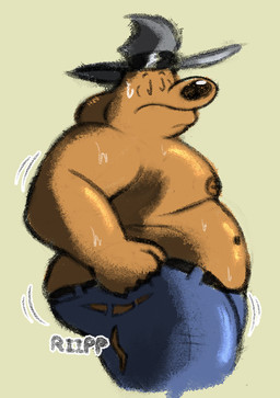 anthro bodily_fluids clothing looking_at_viewer male obese overweight solo sweat sweatdrop torn_clothing sebboh sam_and_max samuel_dog canid canine mammal