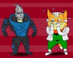 anthro armor black_sclera blue_eyes blush duo green_eyes heart_symbol male red_background simple_background smile fredryk_phox bioware electronic_arts mass_effect nintendo paintchat star_fox fox_mccloud garrus_vakarian alien canid canine fox mammal turian