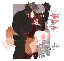 abdominal_bulge accessory anthro anthro_on_anthro anthro_penetrated anthro_penetrating anthro_penetrating_anthro areola asphyxiation black_body black_fur blush blush_lines bodily_fluids breasts brown_body brown_fur butt cheek_tuft choking clenched_teeth dialogue dominant dominant_male dreadlocks duo ear_piercing ear_ring encouragement eyes_closed facial_tuft fangs female female_penetrated fluffy fluffy_tail fur gold_(metal) gold_hair_ornament gold_jewelry grey_hair hair hair_accessory hair_ring half-closed_eyes jewelry long_fangs looking_pleasured male male/female male_penetrating male_penetrating_female markings motion_lines narrowed_eyes nipples orange_body orange_fur pawpads paws penetration piercing pink_areola pink_nipples red_pawpads ring_piercing rough_sex sex sound_effects speech_bubble spots spotted_body spotted_fur standing standing_sex submissive submissive_male sweat sweatdrop tail teeth text tuft vaginal vaginal_penetration white_body white_fur roly camila_(sigfigures) mateo_(sigfigures) canid canine felid fox mammal prehistoric_species saber-toothed_tiger 2022 hi_res spanish_text translated