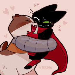 1_eye anthro blush blush_lines cape clothing cybernetic_arm cybernetic_limb cybernetics disability duo eye_patch eyewear heart_symbol hug machine male male/male open_mouth open_smile overweight overweight_anthro overweight_male prosthetic prosthetic_arm prosthetic_limb red_clothing size_difference smile tongue 4tenma cartoon_network mao_mao:_heroes_of_pure_heart badgerclops sheriff_mao_mao_mao badger cyborg domestic_cat felid feline felis mammal mustelid musteline 1:1
