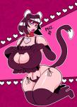 big_breasts breasts cleavage clothed clothing collar collar_tag female heart_symbol legwear pink_background purple_background purple_clothing purple_legwear purple_thigh_highs red_collar simple_background solo thigh_highs wide_hips scarfyace animal_humanoid cat_humanoid felid felid_humanoid feline feline_humanoid humanoid mammal mammal_humanoid absurd_res hi_res