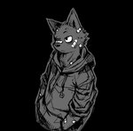 anthro bandage bandage_on_face bandage_on_nose biped black_body black_clothing black_fur black_hoodie black_topwear clothing fur hand_in_pocket hoodie looking_up male pockets serious_face solo topwear fffffolder domestic_cat felid feline felis mammal 2010 monochrome