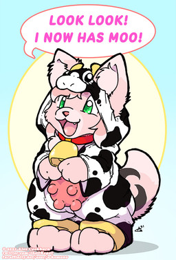 anthro bell bell_collar chibi clothed clothing collar dialogue female fur green_eyes hair inner_ear_fluff kigurumi onesie open_mouth pink_body pink_fur pink_hair pink_nose solo teats text tuft udders o-kemono domestic_cat felid feline felis mammal 2021 digital_drawing_(artwork) digital_media_(artwork) english_text