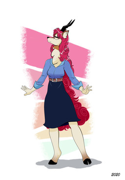 anthro belt bottomwear clothing curly_hair eyewear female glasses hair hooves horn long_hair long_neck neck_tuft red_hair skirt tuft la_tiapat ilana_(pretty_patsusan) antelope bovid mammal 2020 hi_res