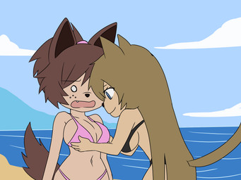 beach bikini black_bikini black_clothing black_nose black_swimwear blue_eyes breast_fondling breast_play breast_squeeze breasts brown_hair clothed clothed_female clothed_humanoid clothing cloud duo female female/female female_humanoid fondling freckles hair hand_on_breast humanoid_on_humanoid long_hair navel open_mouth outside pink_bikini pink_clothing pink_swimwear sea short_hair sky smile squeezing surprised swimwear tail two-piece_swimsuit water orcaverde animal_humanoid canid canid_humanoid canine canine_humanoid cat_humanoid dog_humanoid felid felid_humanoid feline feline_humanoid humanoid mammal mammal_humanoid tailed_humanoid 2025 4:3 character_request hi_res
