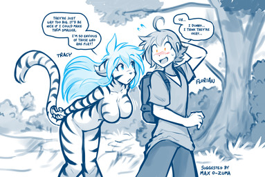 alternate_species anthro backpack big_breasts biped blue_hair blush bottomwear breasts canon_couple casual_nudity clothed clothed_human clothed_male clothing complaining crossgender duo featureless_breasts female fingers ftm_crossgender fully_clothed fully_clothed_human fully_clothed_male fur furrification hair hanging_breasts humanized leaning leaning_forward male markings mtf_crossgender navel nude nude_anthro nude_female outside public public_nudity striped_body striped_fur striped_markings striped_tail stripes tail tail_markings teeth text tongue topwear conditional_dnp tom_fischbach twokinds flora_(twokinds) tiger_trace trace_legacy felid human keidran mammal pantherine tiger 2026 blue_and_white digital_drawing_(artwork) digital_media_(artwork) english_text hi_res monochrome sketch spot_color