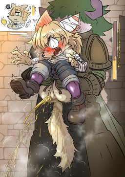 anthro anus blonde_hair blush bodily_fluids butt carrying_another clothed clothing desperation embarrassed female genital_fluids genitals green_eyes hair open_mouth partially_clothed peeing tail text thief underwear underwear_down urine urine_stream vaginal vulva watersports wetting mttbsmn rua_the_thief_(mttbsmn) mammal mouse murid murine rodent absurd_res english_text hi_res