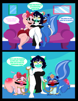 ankles_tied anthro ball_gag big_breasts big_butt blush blushing_profusely bound breasts butt chain chain_leash chained chained_cuffs comic_panel crossed_legs cuddling dialogue enslaved female female/female gag gagged group hands_tied heart_symbol kneeling leash love master mistress moan nipples pose reddened_butt sex_slave slave spank_marks spank_marks_on_ass spanked_butt speech_bubble submissive submissive_female tail thick_thighs trio wide_hips flipsy0529 happy_tree_friends giggles_(htf) petunia_(htf) canid canine canis chipmunk ground_squirrel mammal mephitid rodent sciurid skunk wolf absurd_res comic hi_res pinup