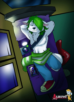 anthro bed camera electric_guitar fur furniture green_eyes green_hair guitar hair looking_at_viewer male musical_instrument photo pillow plucked_string_instrument simple_background solo string_instrument white_body white_fur window albinoart canid canine canis mammal wolf